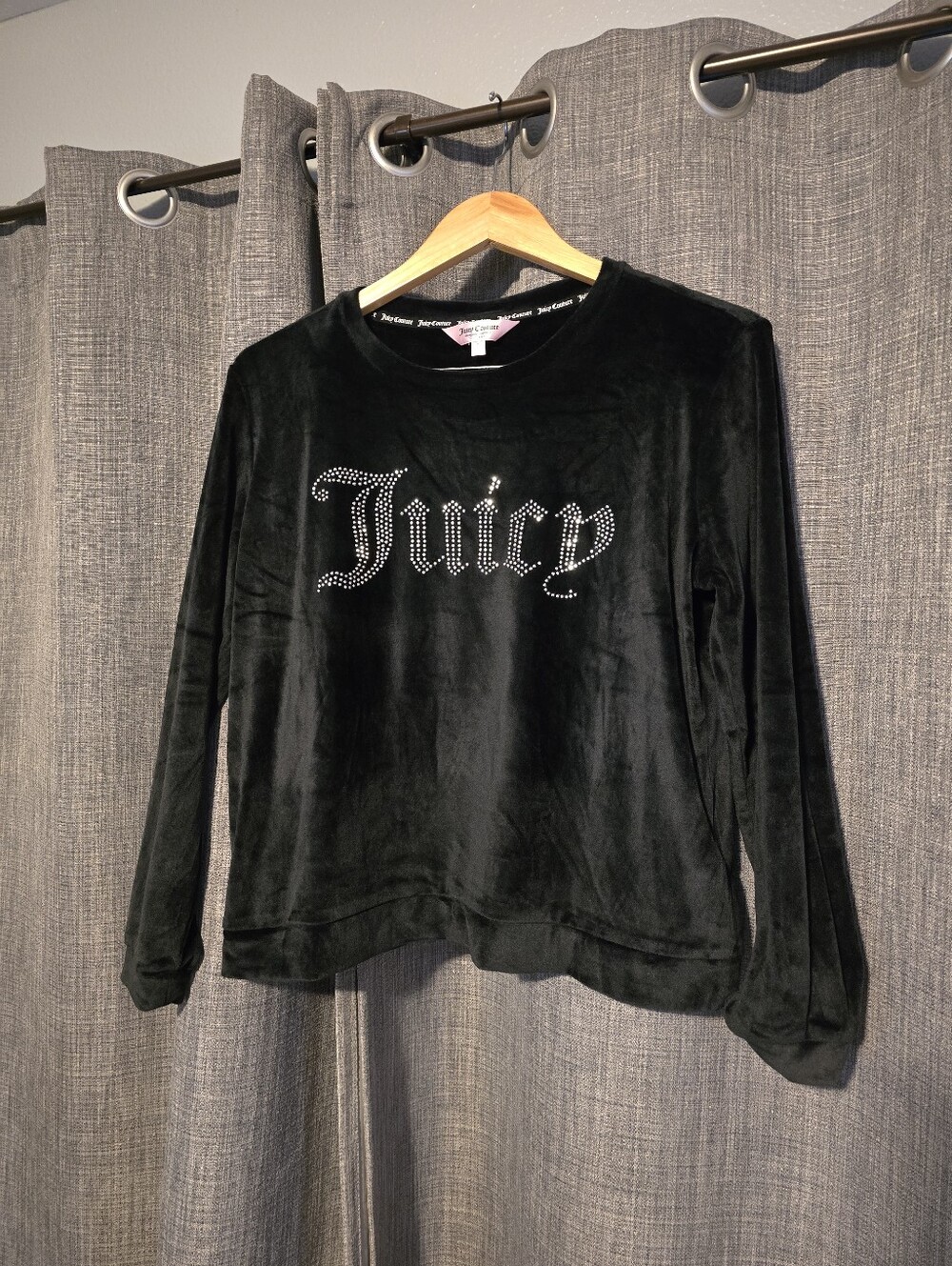 Juicy Couture Rhinestone Logo Black Velour Sleepwear Lounge Top